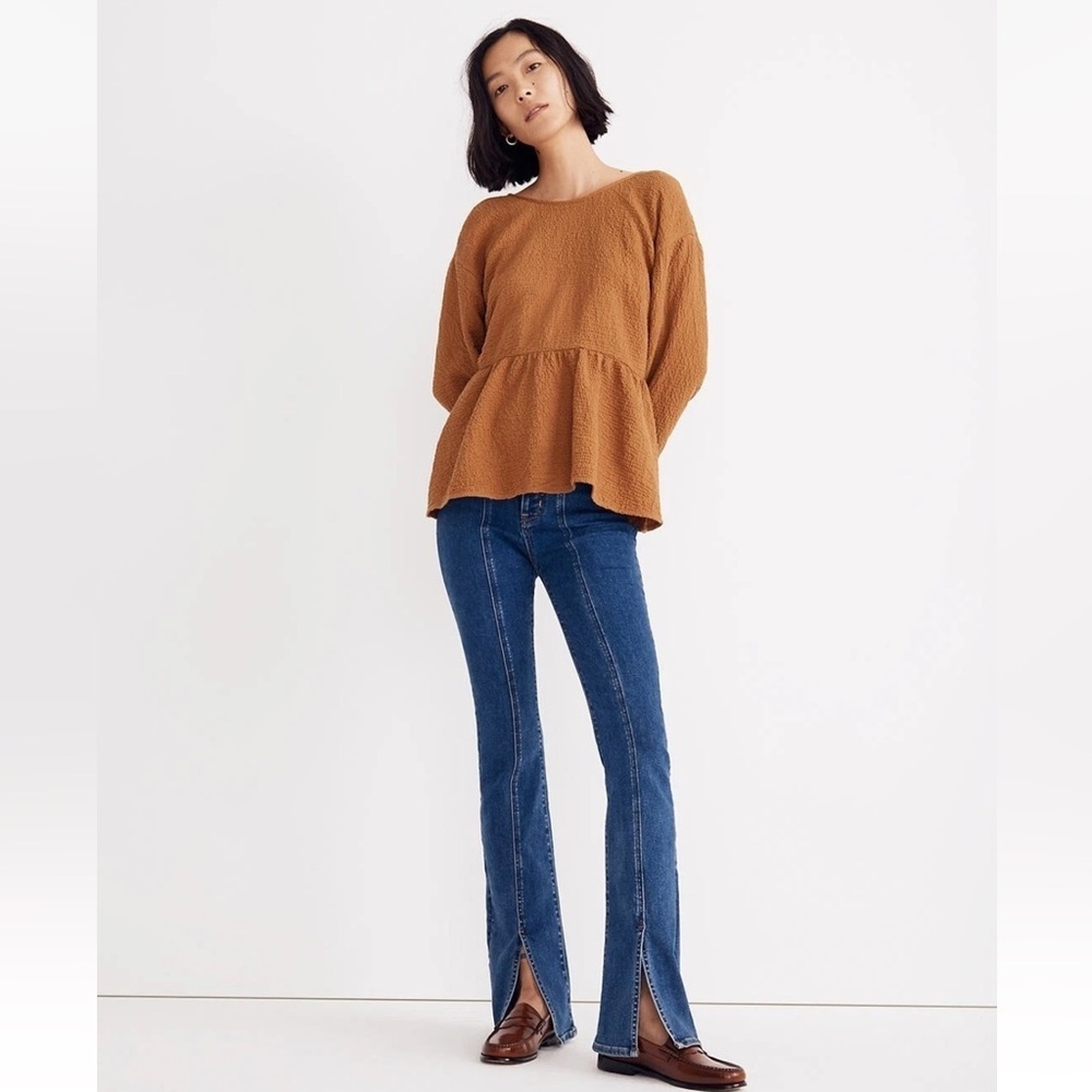 Madewell Lightspun Gold Toffee Open Back Peplum Long Sleeve Top Medium